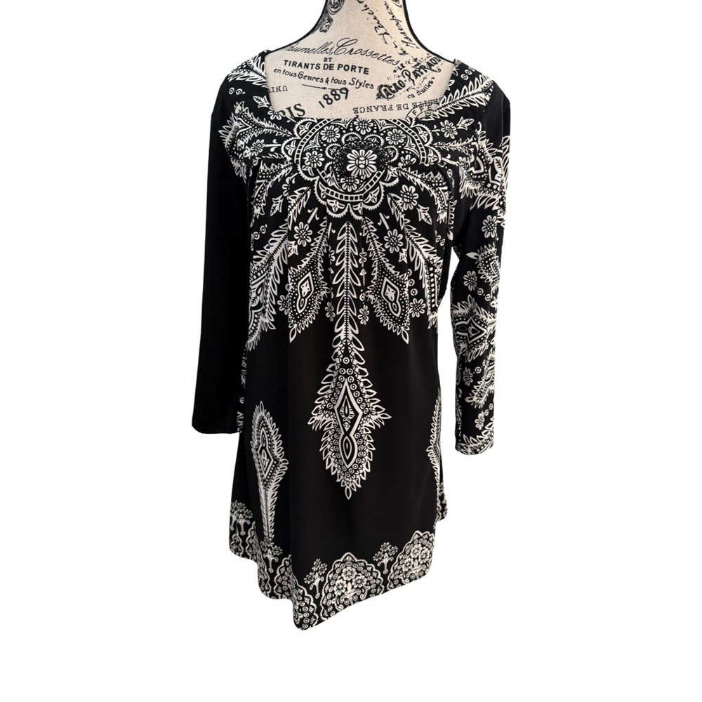 Adore Long Sleeve Black White Floral Paisley Tunic Mini Dress NWT Size L